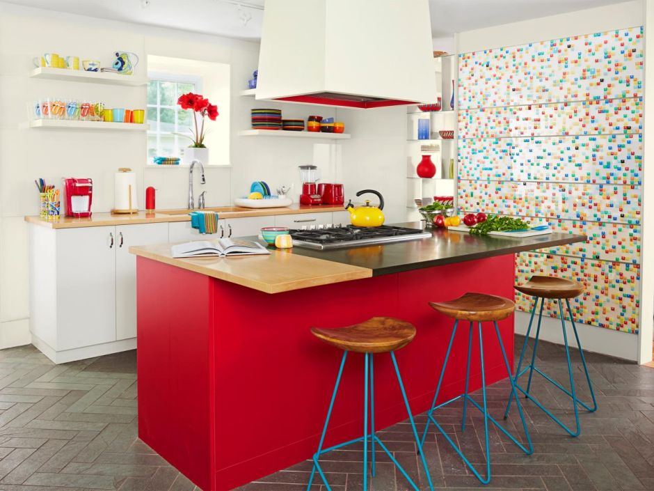 Czerwona wyspa w kuchni w stylu Pop-art