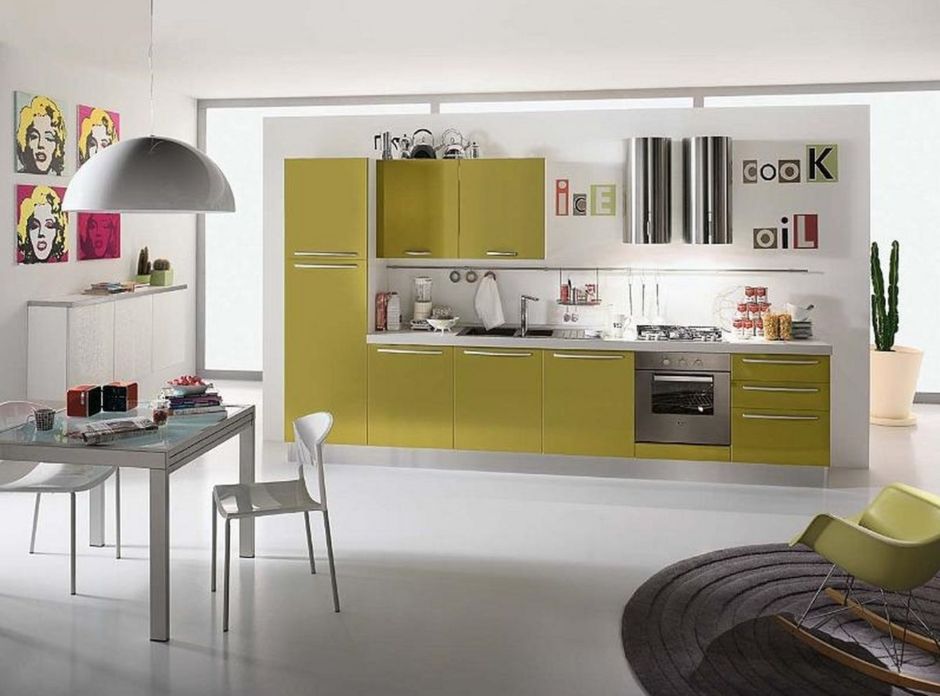Zielone szafki kuchenne w kuchni w stylu Pop-art