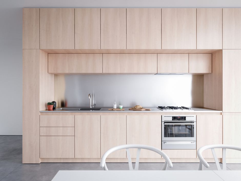 Naturalne drewno mebli kuchennych w kuchni w stylu minimalistycznym