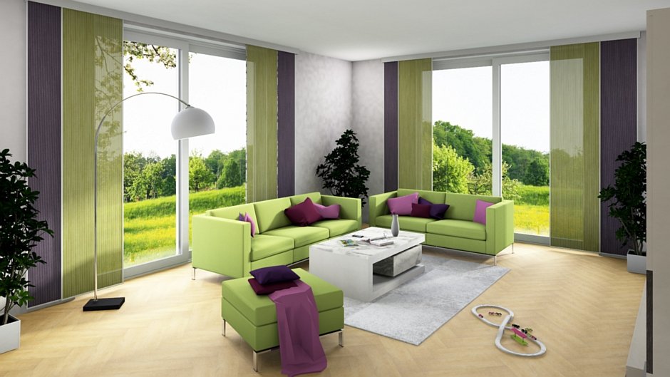 Projekt salonu z zieloną kanapą wykonany w programie PaletteCAD